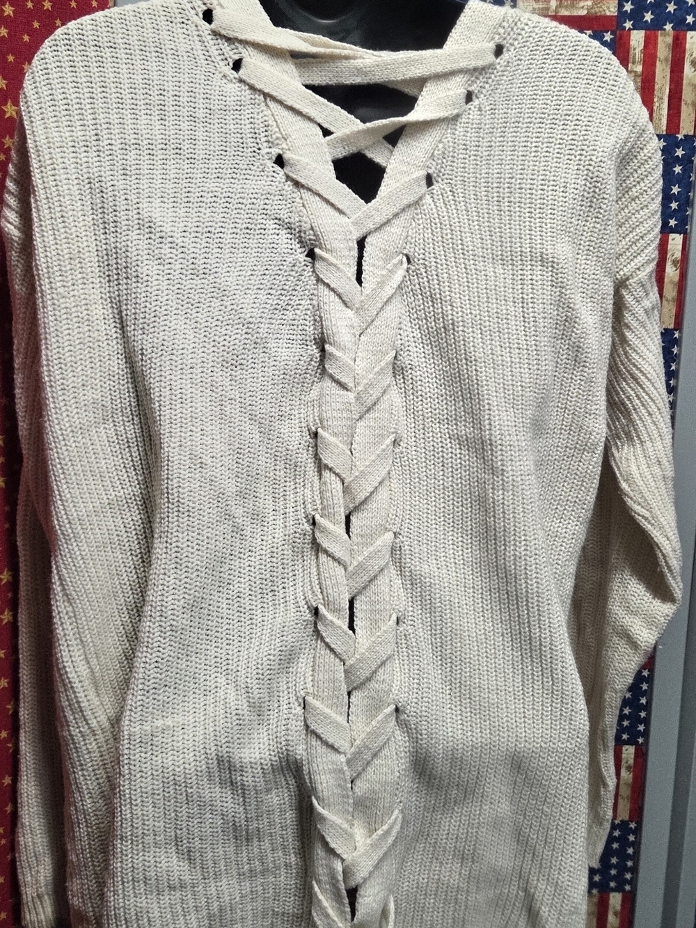 **Chesley Cream Lace-Up Ribbed Knit Top**